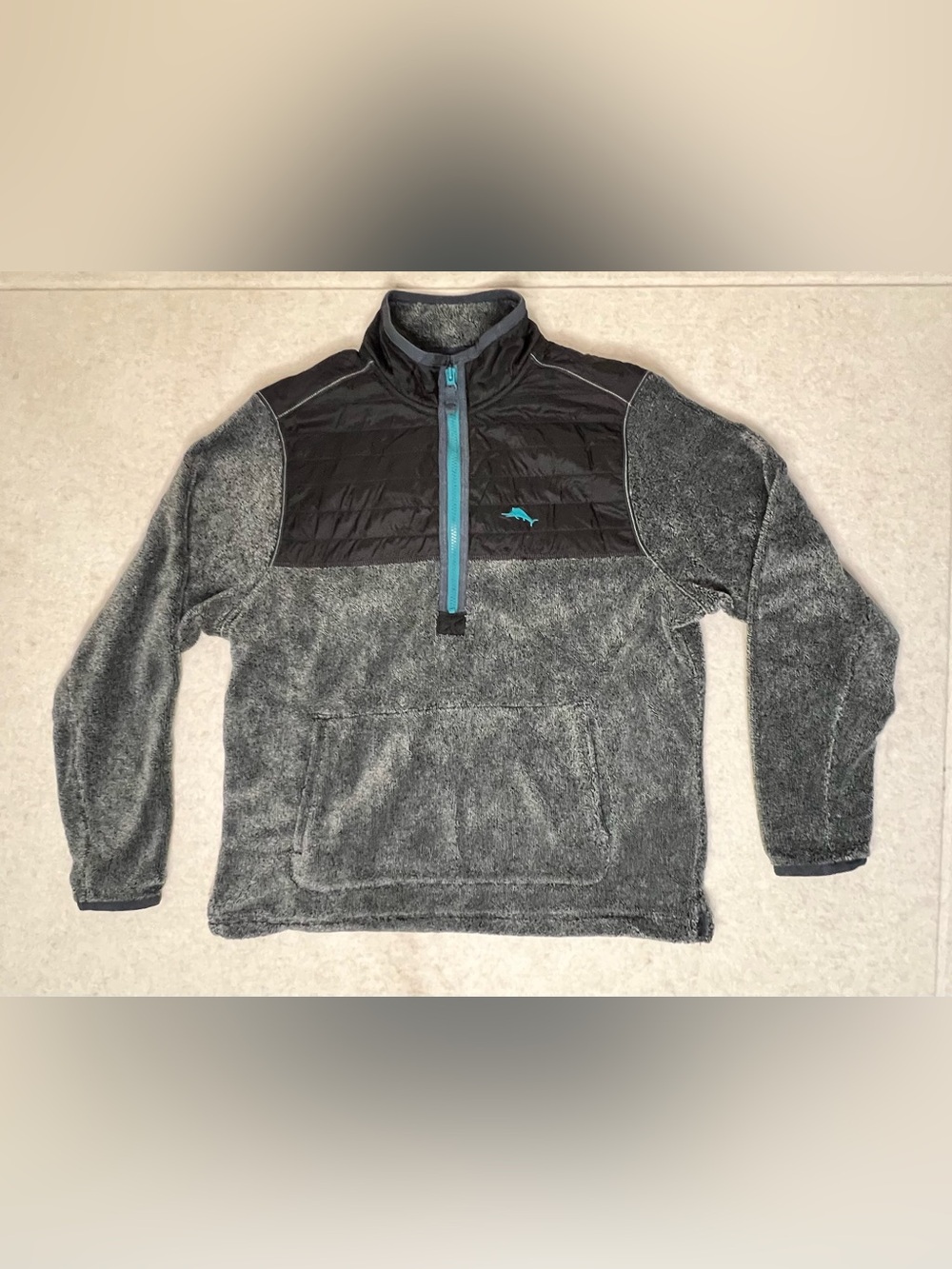 Tommy Bahama Cascade Cozy Half Zip Fleece Pullover Small Gray Black Teal Marlin